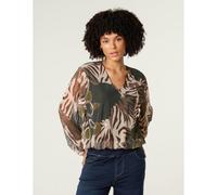 Blue Vanilla Women's Khaki Printed Mesh V Neck Puffball Top | Size: S/M Blue Vanilla Khaki S/M