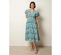 Blue Vanilla Printed V Neck Frill Sleeve Midi Dress - L - Teal
