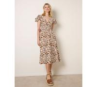 Blue Vanilla Printed V Neck Frill Sleeve Midi Dress - M - Light Brown