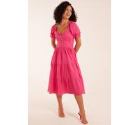 Blue Vanilla Puff Sleeve Button Through Midi Dress In Pink Pink 8