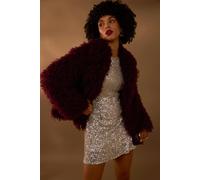 Blue Vanilla Red Long Shaggy Textured Fur Coat Slip On Red