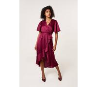 Blue Vanilla Satin Wrap Frill High To Low Midi Dress - UK 16 - Berry
