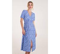 Blue Vanilla Red Short Sleeve Button Front Split Front Midi Dress In Bright Blue Bright Blue