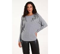 Blue Vanilla Sequin Flower Detail Batwing Jumper In Grey Grey