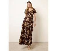 Blue Vanilla Shell Knot Front Puff Sleeve Midi Dress - L - Brown