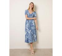 Blue Vanilla Shirred Button V Neck Midi Dress - S - Blue