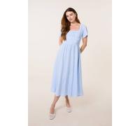 Blue Vanilla Shirred Waist Blue Short Sleeve Square Midi Dress Blue