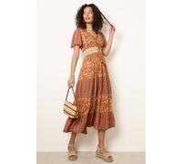 Blue Vanilla Women's Shirred Waist Brown Short Sleeve Slip On V-neck Midi Dress | Size: Large