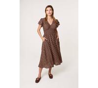 Blue Vanilla Shirred Waist Brown Short Sleeve V-Neck Midi Dress Brown