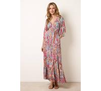 Blue Vanilla Shirred Waist Multi Long Sleeve Slip On V-Neck Maxi Dress Multi