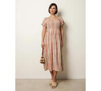 Blue Vanilla Short Sleeve Shirred Waist Abstract Print Dress - M - Orange