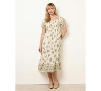 Blue Vanilla Square Neck Puff Sleeve Shirred Border Midi Dress - S - Green