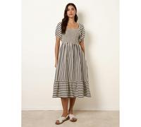 Blue Vanilla Square Neck Puff Sleeve Stripe Midi Dress - L - Blue