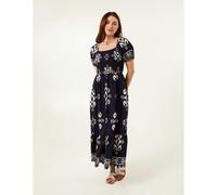 Blue Vanilla Square Neck Shirred Puff Sleeve Midi Dress - S-M - Navy