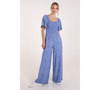Blue Vanilla Square Neck Shirred Waist Angel Sleeve Wide Leg Jumpsuit Blue M/L