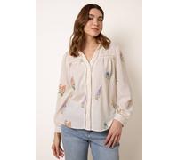 Blue Vanilla Long Sleeve Embroidered Button Front Blouse - S - Stone