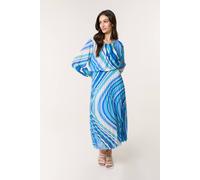Blue Vanilla Swirl Print Pleated Round Neck Dress Blue