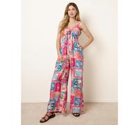 Blue Vanilla Tie Front Jumpsuit In Postcard Print - M - Pink
