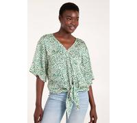 Blue Vanilla Tie Front V Neck Top In Green Green S/M