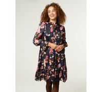 Blue Vanilla Tie Neck Floral Chiffon Smock Dress - S - Black