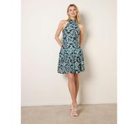 Blue Vanilla Tiered Halter Neck Aztec Belted Mini Dress - UK 14 - Blue