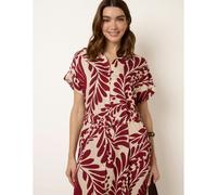 Blue Vanilla Tropical Leaf Print Belted Shirt Dress - L - Wine