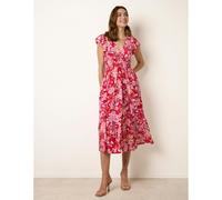 Blue Vanilla Tropical Print Flutter Sleeve Midi Dress - M - Pink