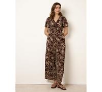 Blue Vanilla Women's Brown Tropical Print Shirred Waist Elasticated V-Neck Jumpsuit | Size: Large Blue Vanilla Brown L
