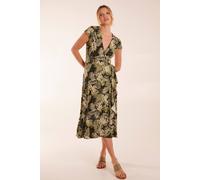 Blue Vanilla Tropical Print Wrap Front Midi Dress In Black Black S