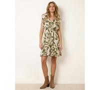 Blue Vanilla Tropical Print Wrap Over Mini Dress With Flutter Sleeve - S - Khaki