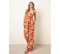 Blue Vanilla Tropical Tie Front Jumpsuit - L - Orange