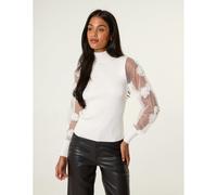 Blue Vanilla Turtle Neck Jumper With Mesh Polka Dot And Flower Detailed Sleeve - L - White
