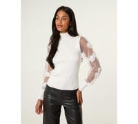 Blue Vanilla Women's White Turtle Neck Jumper With Mesh Polka Dot & Flower Detail | Size: Medium Blue Vanilla White M