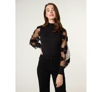 Blue Vanilla Turtle Neck Jumper With Mesh Polka Dot And Flower Detailed Sleeves - S - Black