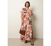 Blue Vanilla V Neck Abstract Leaf Print Dress - L - Orange