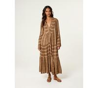 Brown V Neck Aztec Smock Dress Blue Vanilla Brown L/XL