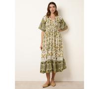 Blue Vanilla Green V Neck Border Print Maxi Dress In Off White Off White L