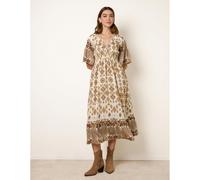 Blue Vanilla V Neck Border Print Maxi Dress - S - Brown