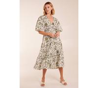 Blue Vanilla V Neck Elastic Waist Cotton Dress In Khaki Khaki S