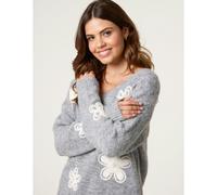 Blue Vanilla Women's Grey V Neck Flower & Pearl Jumper | Size: Medium/Large Blue Vanilla Grey M/L