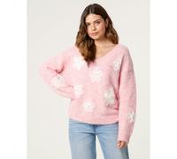 Blue Vanilla Women's Pink V Neck Flower & Pearl Jumper | Size: Medium/Large Blue Vanilla Pink M/L