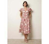 Blue Vanilla V Neck Frill Sleeve Printed Midi Dress - L - Rust