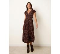 Blue Vanilla V Neck Midi Dress With Shirred Waist Button Front - S-M - Brown