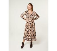 Blue Vanilla V Neck Shirred Border Print Midi Dress - M-L - Navy