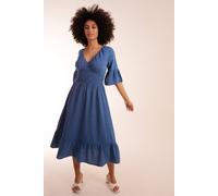 Blue Vanilla V-Neck Shirred Midi Dress Blue S