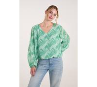Blue Vanilla V Neck Zig Zag Puffball Top In Green Green S/M