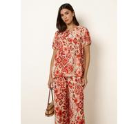 Blue Vanilla Watercolour Floral Print Elasticated Sleeve Top - S - Orange