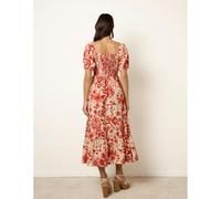 Blue Vanilla Watercolour Floral Shirred Puff Sleeve Midi Dress - M - Orange