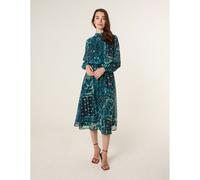 Blue Vanilla Watercolour Paisley Puffball High Neck Midi Dress - UK 12 - Teal