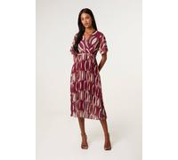 Blue Vanilla Wine Geometric Crossover Pleated Dress With Belt Wine S